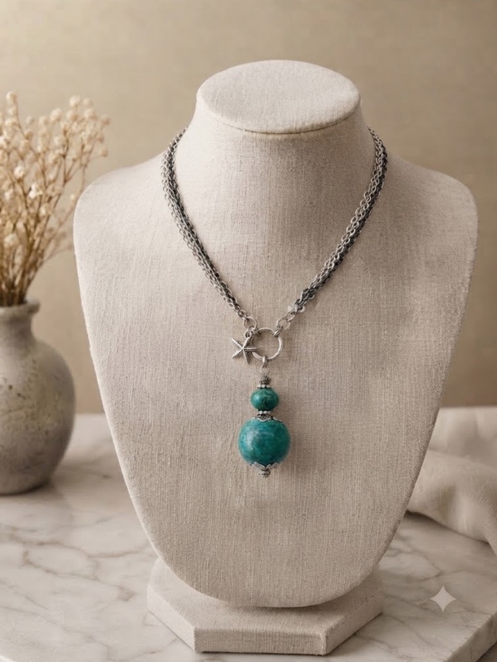 Vintage Mixed Metal Multi-Chain Necklace with Vibrant Chrysocolla Pendant